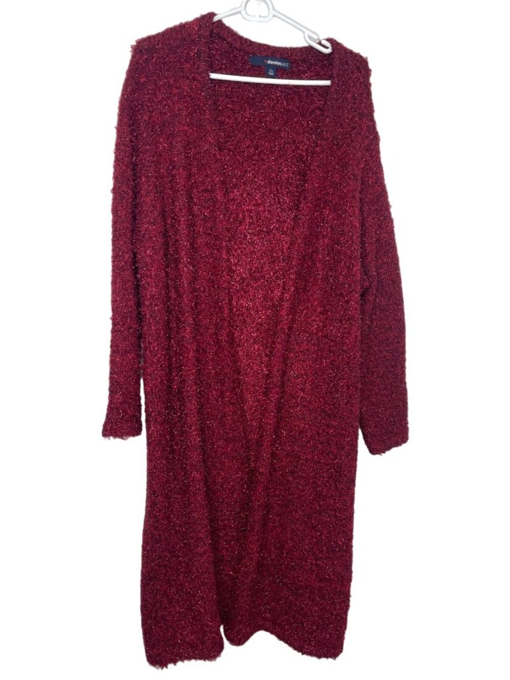 Denim 24/7 Long Cardigan Sweater Red Fuzzy Open